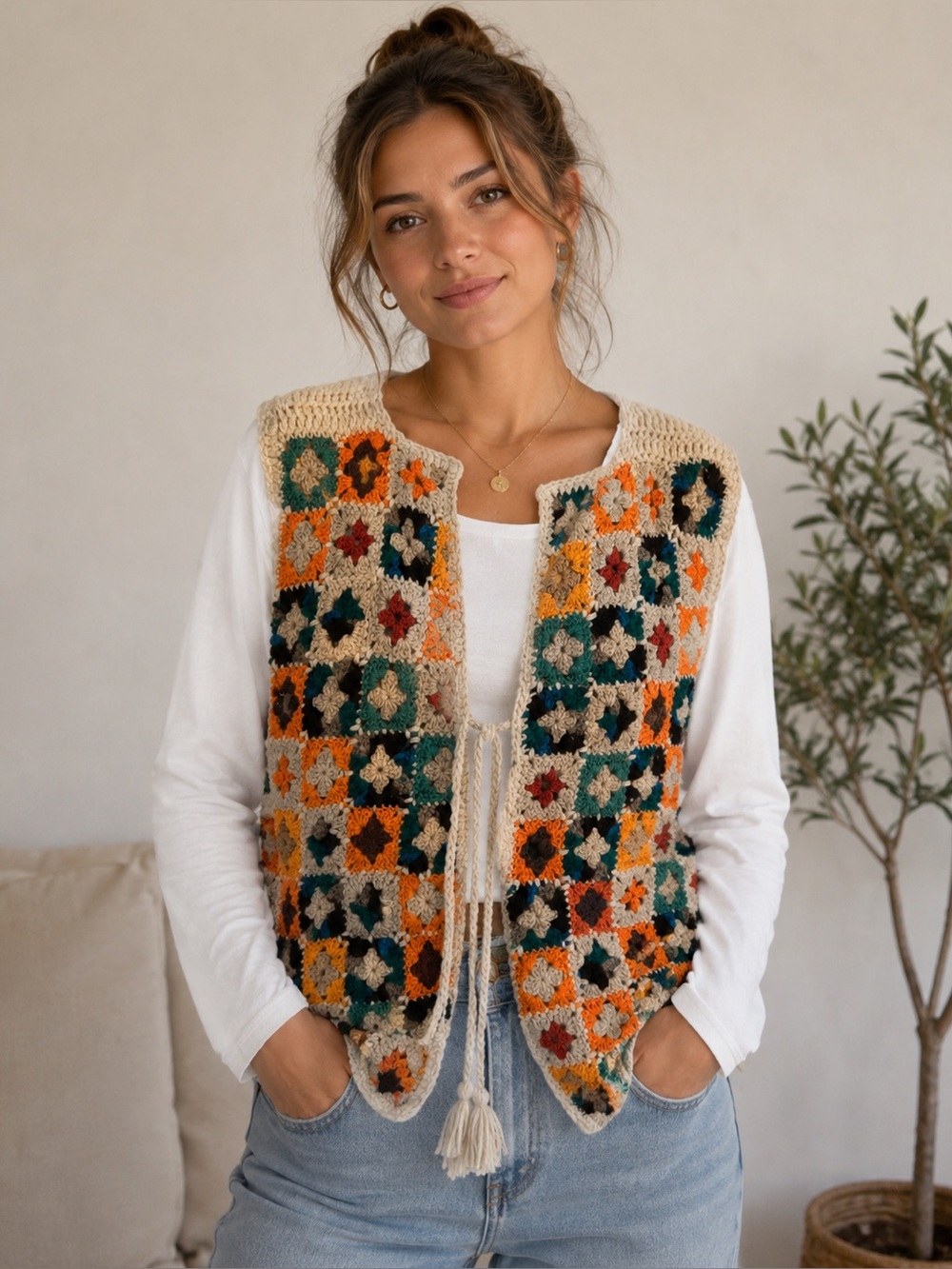 Handmade Crochet Patchwork Vest - Cream with Orange, Teal, Mustard & Brown